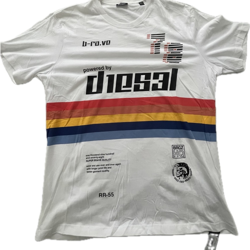 Diesel Men's White Tee with Multicolor Stripes